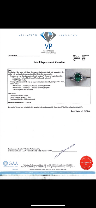 18CT WHITE GOLD DIAMOND AND EMERALD RING