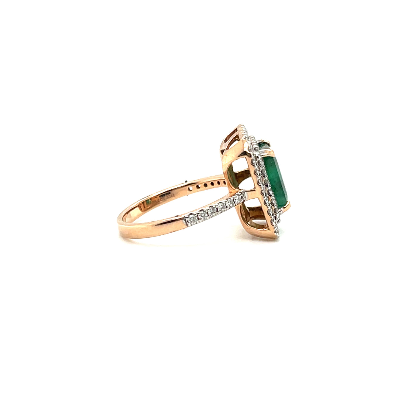 18CT ROSE GOLD EMERALD AND DIAMOND RING