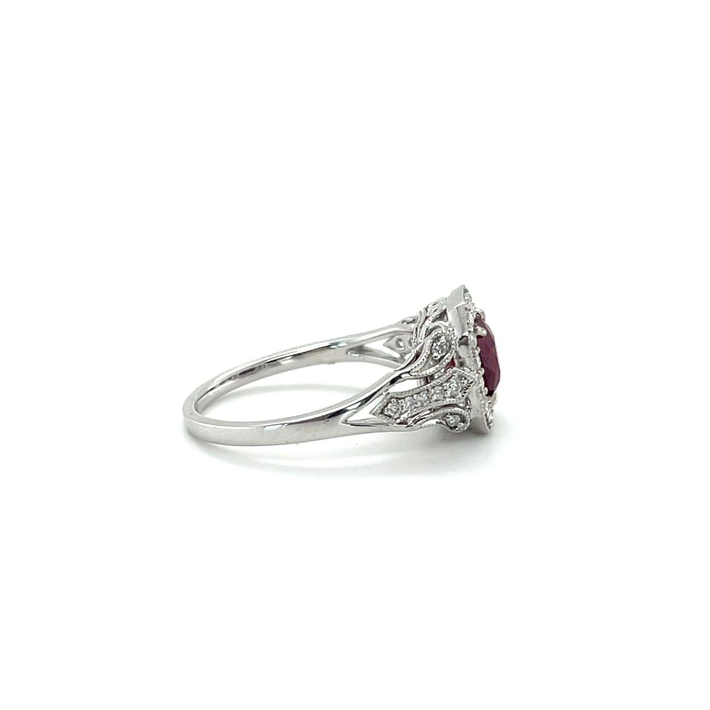 18CT WHITE GOLD, DIAMOND AND RUBY RING