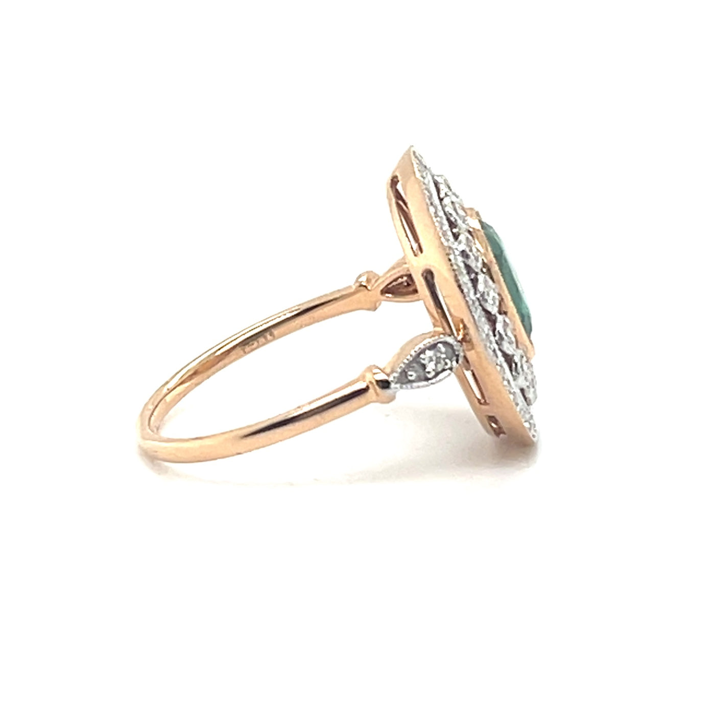 18CT ROSE GOLD EMERALD AND DIAMOND RING