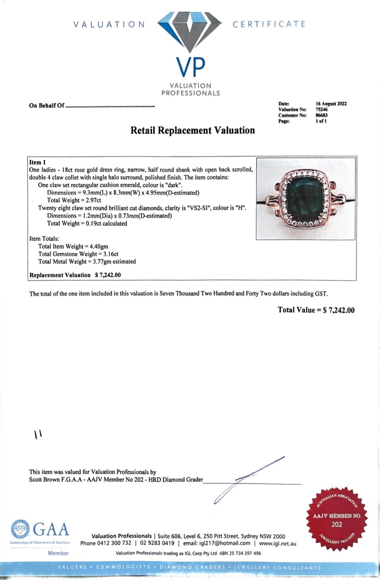 18CT ROSE GOLD EMERALD AND DIAMOND RING