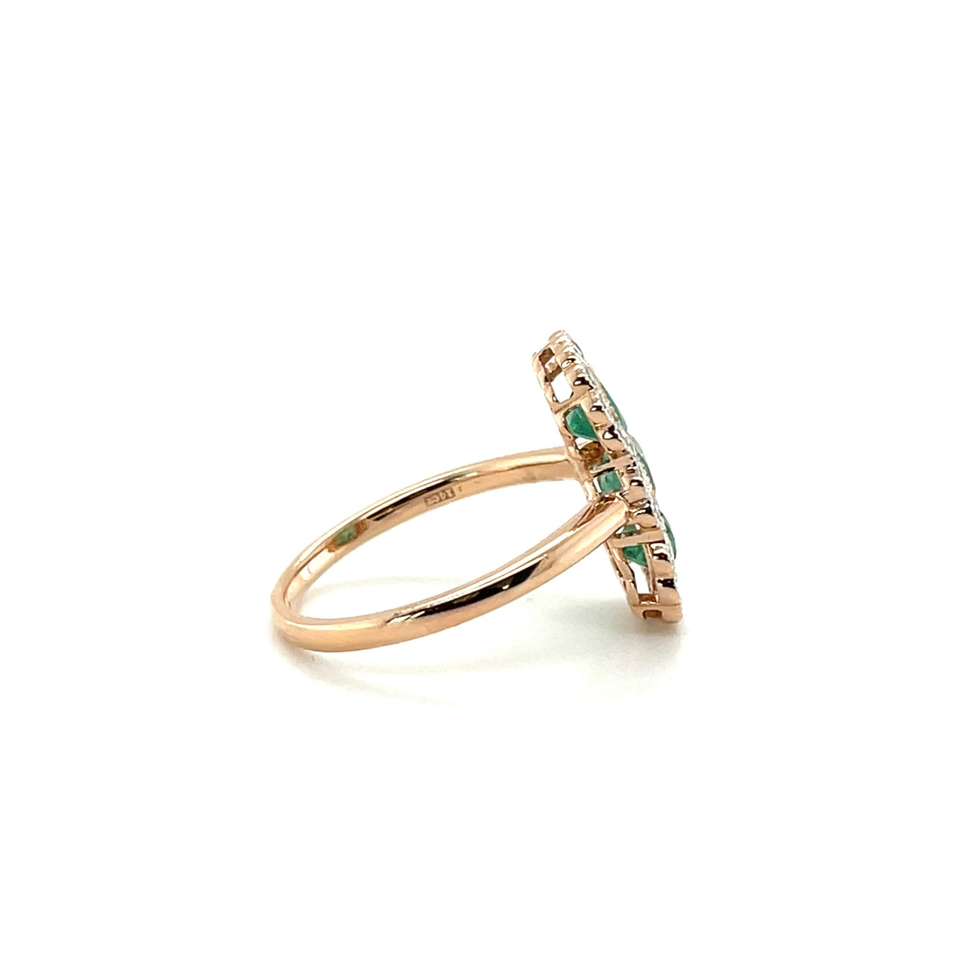 14CT ROSE GOLD EMERALD AND DIAMOND RING