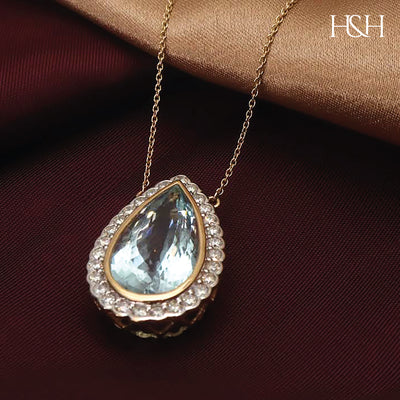 14CT YELLOW GOLD DIAMOND, AQUAMARINE PENDANT & NECKLACE